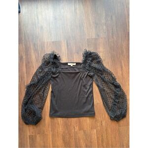 Loft Black Mesh Balloon Sleeve Coquette Noir Dark Academia Swiss Dot Ruffle